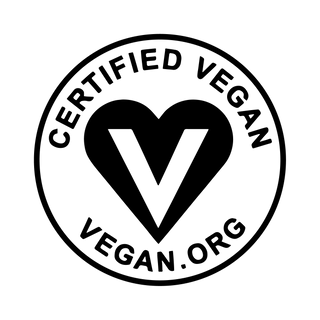 A black and white circular logo with a heart-shaped V in the center. The words CERTIFIED VEGAN appear at the top and VEGAN.ORG at the bottom.