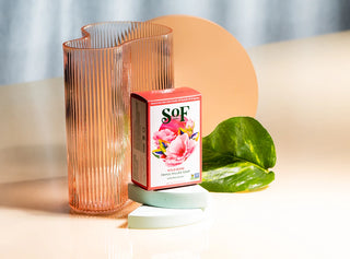 A red and white Wild Rose Moisturizing Bar Soap box with a floral design, made with natural colorants and paraben free, is displayed on pale green geometric stands beside a textured glass vase, a peach circle prop, and a green leaf.