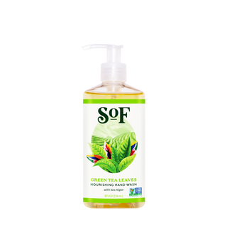 A clear pump bottle of Green Tea Leaves Nourishing Hand Wash with sea algae, displaying a green tea leaf on the label. Contains 8 fl oz (236 ml) of moisturizing liquid soap.