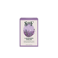 A 6 oz (170 g) paraben-free Lavender Fields Moisturizing Bar Soap, in a lavender box with lavender flower art, contains shea butter, olive oil, and natural colorants.