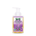 A clear bottle of Lavender Fields Hydrating Foaming Hand Wash with organic agave and aloe vera, a white pump, and a label with lavender flowers and green leaves on a purple background.
