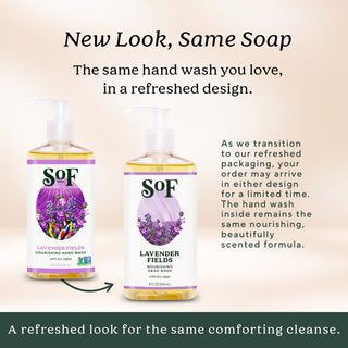 Two bottles of Lavender Fields Nourishing Hand Wash, with old and new labels, are shown side by side. The text highlights the packaging update and reassures that the nourishing formula with essential oils is unchanged.