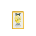 A yellow and white box of Lemon Verbena Moisturizing Bar Soap, a triple-milled soap with organic shea butter and olive oil, shows lemon and white flower illustrations; net weight 6 oz (170 g).