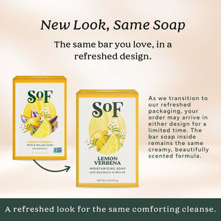 Two boxes of Lemon Verbena Moisturizing Bar Soap with yellow, illustrated packaging—old and new—are shown together. The text notes the soap’s moisturizing lather inside is the same, though the look has been updated.
