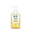 A clear pump bottle of Lemon Verbena Hydrating Foaming Hand Wash features lemon and white flower illustrations on the label and yellow liquid inside. Paraben-free, it’s formulated with Agave and Aloe Vera for gentle, refreshing cleansing.