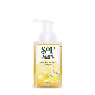 A clear pump bottle of Lemon Verbena Hydrating Foaming Hand Wash features lemon and white flower illustrations on the label and yellow liquid inside. Paraben-free, it’s formulated with Agave and Aloe Vera for gentle, refreshing cleansing.