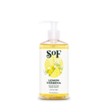 A clear pump bottle of Lemon Verbena Nourishing Hand Wash with sea algae. The label features lemons, lemon slices, and verbena leaves. This SLS-free bottle holds 8 fl oz (236 ml) of yellow liquid.