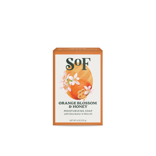 A rectangular box of Orange Blossom & Honey Moisturizing Bar Soap with organic shea butter and olive oil, decorated with orange and honeycomb graphics plus orange blossom flowers on a white background.