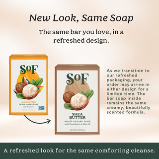 Two boxes of Shea Butter Moisturizing Bar Soap are shown: one orange, one brown. The text assures customers that while the packaging has changed, the triple-milled soap and its moisturizing lather remain the same.