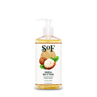 Clear plastic pump bottle of Shea Butter Nourishing Hand Wash with sea algae, shea nuts and leaves on the white label. The 8 fl oz (236 ml) formula is both BPA free and paraben free.
