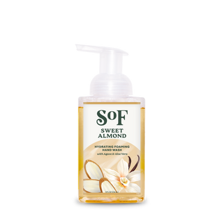 A clear pump bottle of Sweet Almond Hydrating Foaming Hand Wash with agave and aloe vera. The label features almonds, vanilla flowers, and leaves on a light background. SLS/SLES free formula for gentle cleansing.
