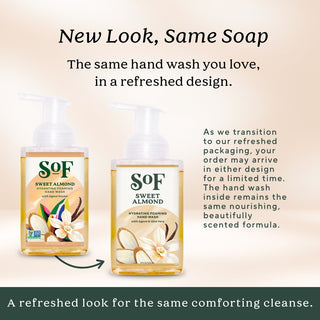 Two bottles of Sweet Almond Hydrating Foaming Hand Wash are displayed with new packaging featuring an aloe vera motif, while assuring that the nourishing, scented formula inside remains the same.
